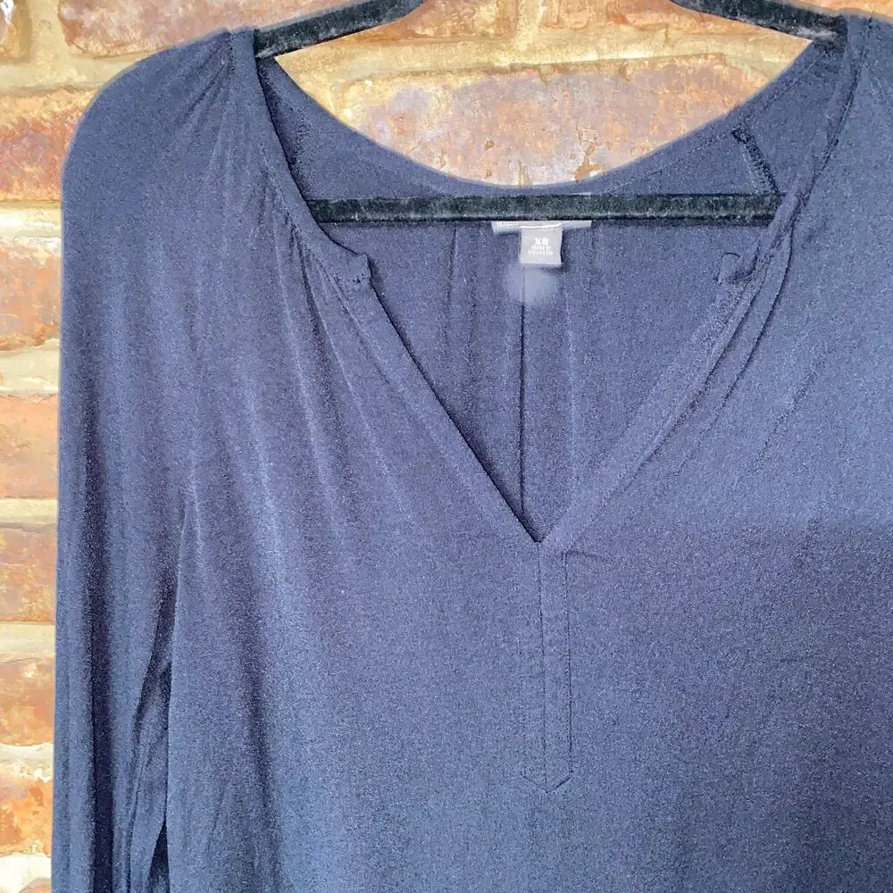 J. Crew Point Sur Black V-Neck Cinched Sleeve Blouse Women's Size XS